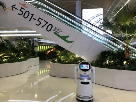 在深圳机场，优必选机器人Cruzr克鲁泽正在工作。人民网 焦磊摄